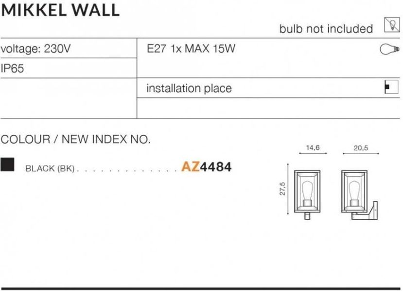 Світильник вуличний Azzardo AZ4484 MIKKEL WALL BK 25562 фото