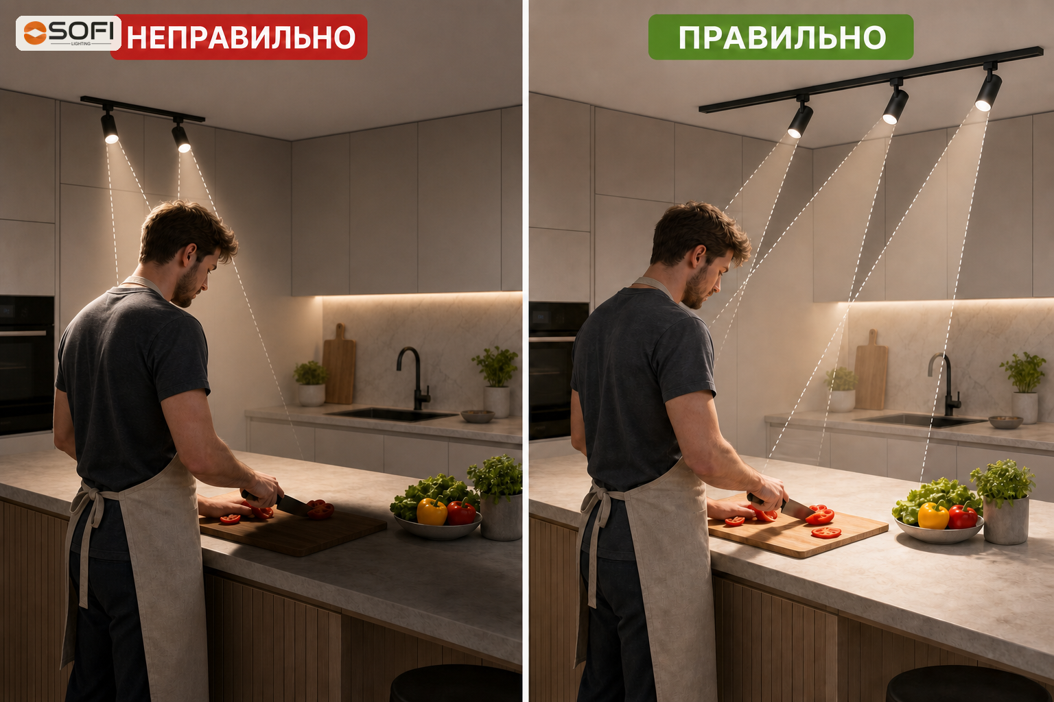 Правильне і неправильне розташування трекового світла над кухонною стільницею