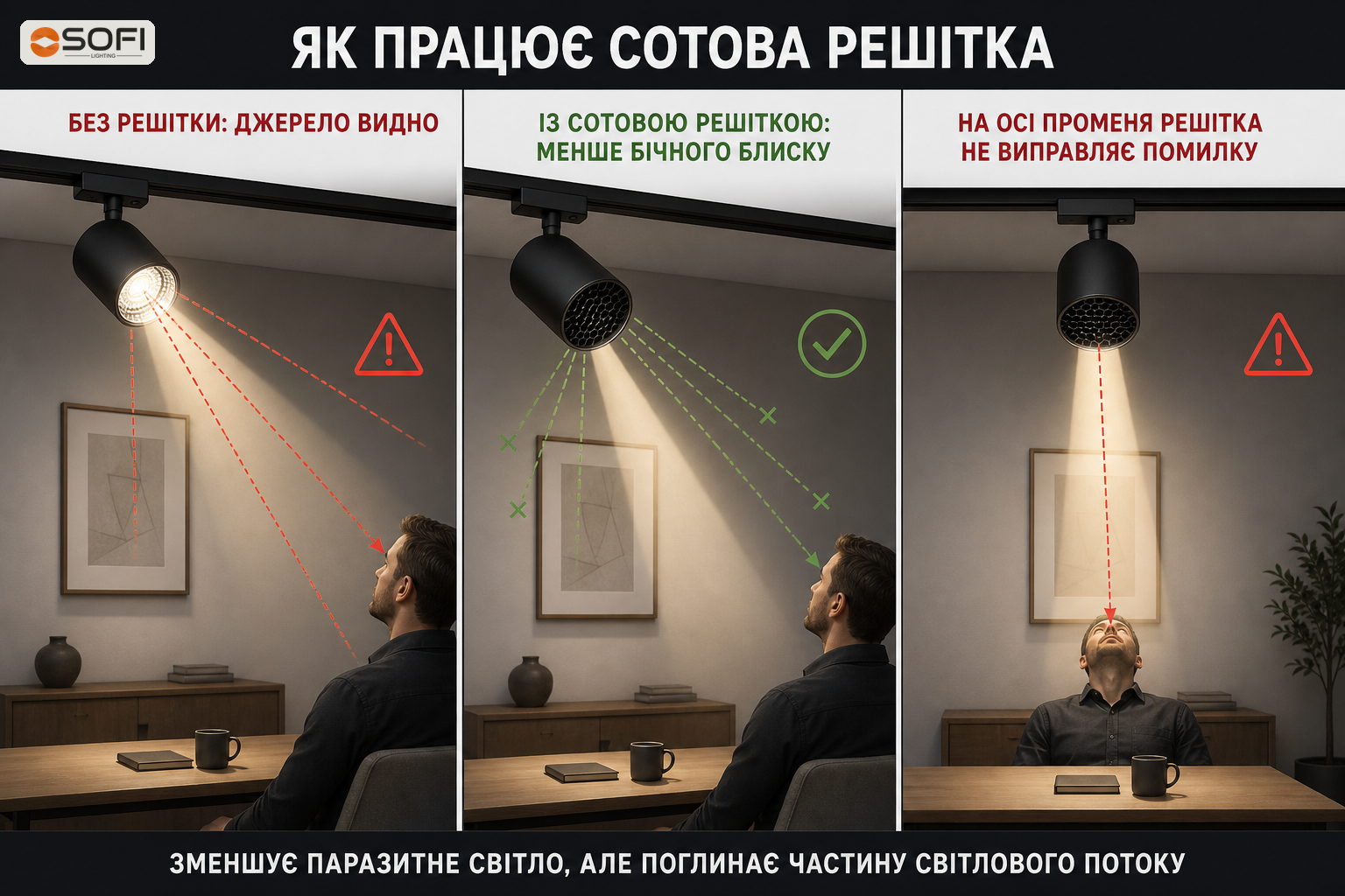 Як стільникова решітка зменшує боковий блиск трекового спота