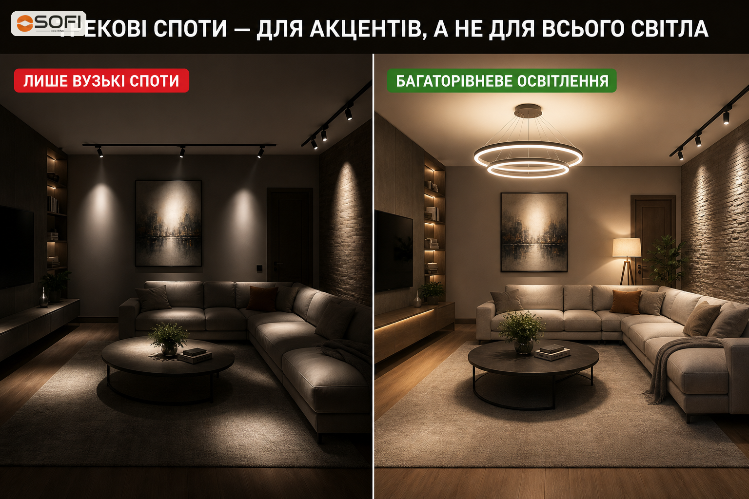 Порівняння освітлення лише трековими спотами та багаторівневої схеми з люстрою