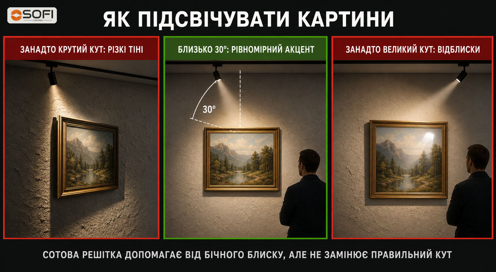 Правильний напрямок трекового світла на картину та фактурну стіну